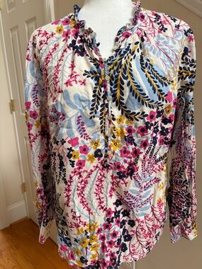 Talbots Cream Floral Button-Front Blouse with Pink Navy Yellow Accents